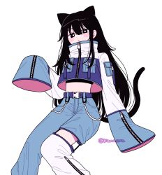 Rule 34 | 1girl, animal ears, asymmetrical pants, belt, black eyes, blue belt, breast pocket, bright pupils, cat ears, cat girl, cat tail, emma (kumaema), feet out of frame, hand up, high collar, highres, looking at viewer, midriff, original, pocket, simple background, sleeves past fingers, sleeves past wrists, solo, tail, twitter username, very long sleeves, white background, white pupils, zipper, zipper pull tab