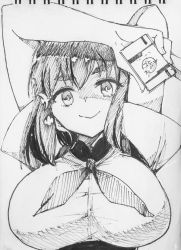 Rule 34 | 1girl, breasts, closed mouth, commentary request, gatchaman crowds, greyscale, hair ornament, ichinose hajime, large breasts, looking at viewer, medium hair, millipen (medium), monochrome, school uniform, simple background, smile, solo, traditional media, tsunemi aosa, white background