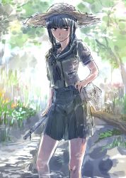 Rule 34 | 10s, 1girl, black eyes, butterfly net, gradient background, hand net, hat, highres, kantai collection, kitakami (kancolle), long hair, looking at viewer, neckerchief, pouch, school uniform, serafuku, short sleeves, sidelocks, sketch, skirt, solo, straw hat, suzumaru, wading, water