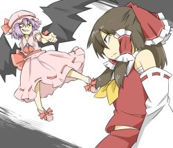 Rule 34 | 2girls, angry, ascot, bat wings, bow, brown eyes, brown hair, commentary request, crazy eyes, detached sleeves, dress, evil grin, evil smile, eye contact, flying, foreshortening, frown, grin, hair between eyes, hair bow, hair tubes, hakurei reimu, hat, jza80, long hair, looking at another, multiple girls, pointing, profile, purple hair, red eyes, remilia scarlet, sarashi, shoes, short hair, smile, smirk, touhou, wings, xenon (kona-card)