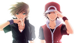Rule 34 | 00s, 1990s (style), 2boys, alternate costume, alternate headwear, bad id, bad pixiv id, baseball cap, blue oak, brown eyes, brown hair, clenched teeth, creatures (company), game freak, green eyes, hand on headwear, hand to hat, hat, jewelry, looking at viewer, male focus, mao (core), mayokichi, multiple boys, necklace, nintendo, pokemon, pokemon frlg, pokemon rgby, red (pokemon), red (pokemon frlg), retro artstyle, teeth, wristband