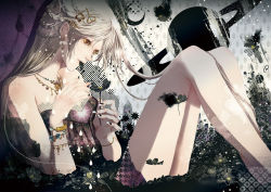 Rule 34 | 1girl, blonde hair, bracelet, braid, dress, eating, flower, hair ornament, hairclip, houndstooth, jewelry, lots of jewelry, moon, nail art, nail polish, necklace, original, petals, saturn (planet), solo, tears, unmoving pattern, yellow eyes, yuu (arcadia)