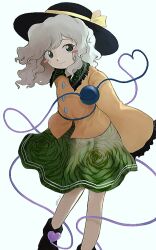 Rule 34 | 1girl, absurdres, black footwear, black hat, blush stickers, closed mouth, commentary, diamond (shape), dress, flat chest, floral print, frilled shirt collar, frilled sleeves, frills, green dress, grey hair, hat, hat ribbon, heart, heart of string, highres, komeiji koishi, ribbon, sakumo (okura oishiiii), shirt, simple background, sleeves past fingers, sleeves past wrists, smile, solo, symbol-only commentary, third eye, touhou, white background, yellow ribbon, yellow shirt, zun (style)