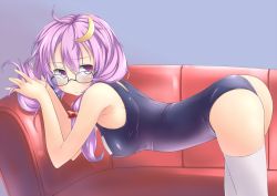 Rule 34 | 1girl, ass, bent over, bespectacled, breasts, couch, cowboy shot, crescent, crescent hair ornament, female focus, glasses, hair ornament, long hair, looking back, medium breasts, one-piece swimsuit, patchouli knowledge, purple eyes, purple hair, red upholstery, school swimsuit, sitting, solo, spirytus tarou, swimsuit, thighhighs, thighs, touhou, white thighhighs