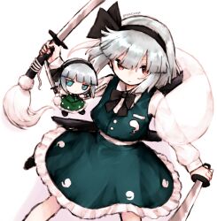 Rule 34 | 1girl, absurdres, aqua eyes, black bow, black bowtie, black hairband, bow, bowtie, commentary, fumo (doll), ghost, ghost print, green skirt, green vest, grey hair, hairband, highres, holding, holding sword, holding weapon, konpaku youmu, konpaku youmu (ghost), looking at viewer, multiple swords, natucurage, red eyes, short hair, simple background, skirt, solo, sword, touhou, twitter username, vest, weapon, white background