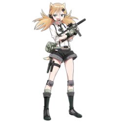 Rule 34 | 1girl, animal ears, black shorts, blonde hair, blue eyes, blue panties, boots, breasts, cat ears, cat tail, dog tags, fang, fingerless gloves, girls&#039; frontline, gloves, green socks, gun, hair ornament, hairclip, handgun, headset, highleg, highleg panties, holding, holding gun, holding weapon, idw (girls&#039; frontline), kisetsu, knee pads, long sleeves, looking at viewer, machine pistol, medium hair, necktie, official art, open mouth, panties, parker-hale idw, parker-hale pdw, personal defense weapon, pistol, pouch, prototype design, shirt, short necktie, short shorts, short twintails, shorts, simple background, sleeves rolled up, small breasts, smile, socks, solo, standing, striped necktie, submachine gun, suspenders, tachi-e, tail, teeth, thigh strap, transparent background, twintails, underwear, union jack, upper teeth only, weapon, white shirt