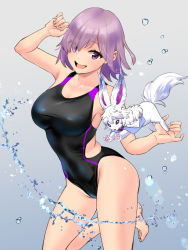 Rule 34 | 1girl, :d, alternate costume, arm up, armpits, bare arms, bare shoulders, barefoot, black one-piece swimsuit, breasts, commentary request, competition swimsuit, creature, fate/grand order, fate (series), fou (fate), gradient background, hair over one eye, large breasts, leg up, looking at viewer, mash kyrielight, one-piece swimsuit, ooshima aki, open mouth, purple eyes, purple hair, short hair, sidelocks, smile, swimsuit, thighs, water