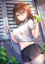 Rule 34 | 1girl, black shorts, bra visible through clothes, breasts, brown eyes, brown hair, commentary request, hair between eyes, highres, holding, holding hose, holding sponge, hose, leaf, looking at viewer, moe2022, navel, no bra, open mouth, original, outdoors, rainbow, see-through, shirt, short sleeves, shorts, solo, sponge, standing, sunlight, tied shirt, umou (may65879), water, wet, wet clothes, white shirt, window