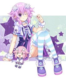 Rule 34 | 1girl, caro-xy, choker, d-pad, d-pad hair ornament, dress, full body, hair ornament, happy, headphones, kami jigen game neptune v, looking at viewer, neptune (neptunia), neptune (series), one eye closed, purple eyes, purple hair, short sleeves, sidelocks, smile, solo, striped clothes, striped thighhighs, thighhighs