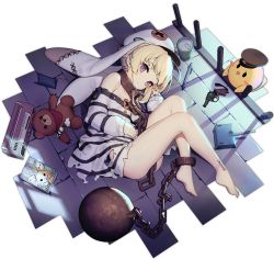 Rule 34 | 1girl, animal ears, ass, azur lane, ball and chain restraint, bare shoulders, barefoot, bird, blonde hair, can, chain, chain leash, chick, drink can, fake animal ears, full body, grozny (azur lane), grozny (bad bunny behind bars) (azur lane), gun, handgun, hat, highres, kinjo kuromomo, leash, looking at viewer, lying, manjuu (azur lane), official alternate costume, official art, on floor, on side, peaked cap, pen, plantar flexion, prison, prison clothes, purple eyes, shirt, short hair, soda can, solo, striped clothes, striped shirt, stuffed animal, stuffed toy, teddy bear, thighs, torn clothes, torn shirt, transparent background, weapon, white hat