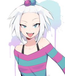 Rule 34 | 1girl, artist name, blue eyes, blue sweater, blush, bra strap, breasts, collarbone, creatures (company), freckles, game freak, gym leader, hair bobbles, hair ornament, highres, long sleeves, looking at viewer, milka (milk4ppl), multicolored clothes, multicolored sweater, nintendo, off-shoulder sweater, off shoulder, open mouth, pokemon, pokemon bw2, purple sweater, roxie (pokemon), short hair, small breasts, smile, solo, striped clothes, striped sweater, sweater, teeth, tongue, tongue out, upper body, white hair