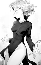 Rule 34 | 1girl, absurdres, black dress, breasts, closed mouth, collared dress, covered navel, cowboy shot, curly hair, dress, flipped hair, floating, floating hair, floating object, floating rock, greyscale, groin, highres, levitation, long sleeves, looking away, medium breasts, monochrome, niwarhythm, no panties, one-punch man, pelvic curtain, profile, psychic, short hair, side slit, small breasts, solo, tatsumaki, telekinesis, thighs, white background