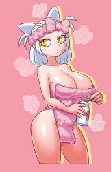 Rule 34 | 1girl, animal ears, areola slip, bottle, bow, breasts, cat ears, cleavage, collarbone, cowboy shot, drink, food, fruit, headband, hello kitty, hello kitty (character), holding, holding bottle, holding drink, humanization, large breasts, milk bottle, minuspal, naked towel, parted lips, pink background, pink headband, pink towel, sanrio, short hair, solo, sparkle, steam, strawberry, towel, wet, white hair, yellow eyes