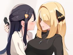 Rule 34 | 2girls, black sweater, blonde hair, blue hair, blush, breasts, brown eyes, cellphone, closed eyes, closed mouth, commentary request, creatures (company), cynthia (pokemon), dawn (pokemon), fingernails, from side, game freak, hair ornament, hair over one eye, highres, holding, holding phone, imminent kiss, jewelry, long hair, looking at another, medium breasts, multiple girls, necklace, nintendo, open mouth, phone, pokemon, pokemon dppt, profile, shirt, simple background, smartphone, sweater, turtleneck, turtleneck sweater, uni mmtab, upper body, white background, white shirt, yuri