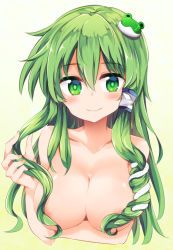 Rule 34 | 1girl, blush, breast hold, breasts, closed mouth, collarbone, commentary, convenient censoring, frog hair ornament, gradient hair, green eyes, green hair, hair between eyes, hair censor, hair ornament, hair over breasts, hair tubes, twirling hair, highres, kochiya sanae, large breasts, long hair, looking at viewer, maturiuta sorato, multicolored hair, nude, smile, snake hair ornament, solo, touhou, upper body, white background, yellow background