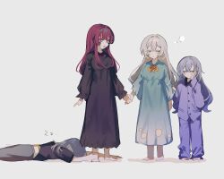 Rule 34 | 4girls, :d, black dress, blue hair, closed eyes, dress, facing viewer, firefly (honkai: star rail), gradient dress, green dress, grey hair, highres, holding another&#039;s leg, holding hands, honkai: star rail, honkai (series), inagoinaire, kafka (honkai: star rail), long dress, long hair, long sleeves, looking at another, lying, multicolored hair, multiple girls, nightgown, on stomach, open mouth, pajamas, pants, pleated dress, purple hair, purple pajamas, purple pants, purple shirt, rubbing eyes, shirt, silver wolf (honkai: star rail), simple background, smile, stelle (honkai: star rail), streaked hair, trailblazer (honkai: star rail), white background, white dress, zzz