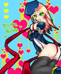 Rule 34 | 1girl, akira kichi, arc system works, ass, ayakichi, beret, black thighhighs, blazblue, blonde hair, breasts, copyright name, detached sleeves, gloves, green eyes, hat, highres, nipples, no bra, no panties, noel vermillion, open clothes, open shirt, ribbon, shirt, solo, sweat, tears, thighhighs