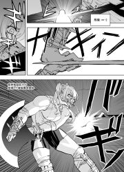 Rule 34 | 1girl, arm wrap, bandaged arm, bandages, blade catching, booby trap, collared shirt, comic, commentary request, emphasis lines, greyscale, highres, holding, holding weapon, mado (mukade tou), medium hair, monochrome, muscular, muscular female, original, profile, shirt, short shorts, shorts, sleeveless, sleeveless shirt, sound effects, tile wall, tiles, translation request, two side up, weapon