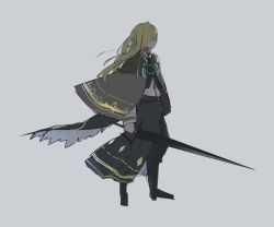 Rule 34 | 1girl, asteroid ill, bad id, bad twitter id, blonde hair, cape, clothing request, cornea (asteroid ill), from side, grey background, holding, holding sword, holding weapon, long hair, neon trim, original, simple background, solo, standing, sword, weapon