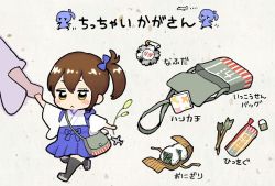 Rule 34 | 10s, 1girl, aged down, arrow (projectile), bag, black thighhighs, blue skirt, brown hair, food, holding hands, japanese clothes, kaga (kancolle), kantai collection, onigiri, out of frame, pleated skirt, ponytail, short hair, side ponytail, simple background, skirt, solo focus, thighhighs, translation request, uehasu (drill&#039;n girl)