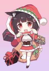 Rule 34 | 1girl, :3, :d, animal ears, azur lane, bad id, bad pixiv id, black hair, blush stickers, box, candy, candy cane, cat ears, commentary request, food, full body, gift, gift box, hair ornament, kyuujou komachi, looking at viewer, open mouth, paw pose, red eyes, sack, short hair, simple background, smile, solo, standing, standing on one leg, thighhighs, yamashiro (azur lane), yamashiro (holiday offensive) (azur lane), zettai ryouiki