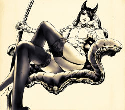 Rule 34 | 1girl, animal ears, arm support, armchair, ass, azazel1944, azur lane, black hair, black thighhighs, breasts, chair, crossed legs, from below, garter straps, gloves, graphite (medium), hand on own chin, high heels, holding, holding weapon, katana, large breasts, long hair, looking away, monochrome, no pants, original, outstretched arm, realistic, reclining, same-hada, saya (scabbard), sitting, swept bangs, sword, thighhighs, traditional media, tsuba (guard), tsuka-ito, tsuka (handle), uniform, weapon, white gloves