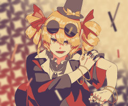 Rule 34 | 1girl, :d, black hat, blonde hair, bow, bracelet, commentary, drill hair, eyewear on head, gem, hair between eyes, hair ribbon, hand on own arm, hat, hat bow, irohasu (sasagarasu), jacket, jewelry, looking at viewer, lower teeth only, medium hair, necklace, open mouth, orange eyes, red jacket, red ribbon, ribbon, ring, sleeves pushed up, smile, solo, sunglasses, teeth, top hat, touhou, twin drills, upper body, v-shaped eyebrows, yellow bow, yorigami jo&#039;on