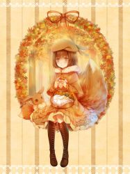 Rule 34 | 1girl, absurdres, autumn leaves, basket, black footwear, boots, bow, brown eyes, brown hair, brown hat, brown skirt, creatures (company), cross-laced footwear, eevee, food, fur trim, game freak, gen 1 pokemon, hat, highres, holding, holding food, looking at viewer, mio (mio84214), nintendo, personification, pokemon, pokemon (creature), sitting, skirt, smile, striped, striped background, tail, tree