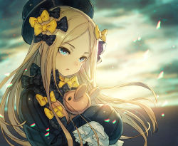 Rule 34 | 1girl, :o, abigail williams (fate), bad id, bad pixiv id, black bow, black dress, black hat, blonde hair, blue eyes, bow, commentary request, dress, fate/grand order, fate (series), hair bow, hands in opposite sleeves, hat, head tilt, hugging object, kusano shinta, long hair, long sleeves, looking at viewer, orange bow, outdoors, parted bangs, parted lips, polka dot, polka dot bow, sky, solo, stuffed animal, stuffed toy, teddy bear, very long hair