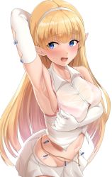 Rule 34 | 1girl, :d, arm behind head, arm up, armpits, bare shoulders, blonde hair, blue eyes, bra, bra visible through clothes, breasts, button gap, collared shirt, cowboy shot, crop top, dress shirt, elbow gloves, elf, elf no radral, gloves, groin, hairband, highres, hotate-chan, large breasts, long hair, looking away, looking to the side, midriff, miniskirt, navel, open mouth, original, pink bra, pleated skirt, pointy ears, see-through, shirt, simple background, skirt, sleeveless, sleeveless shirt, smile, solo, stomach, string bra, underwear, very long hair, white background, white gloves, white shirt, white skirt