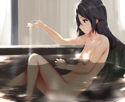 Rule 34 | 10s, 1girl, bathing, black hair, blue eyes, breasts, convenient censoring, dripping, hews, izumi reina, long hair, musaigen no phantom world, navel, nude, partially submerged, small breasts, smile, solo, steam, steam censor, very long hair, water