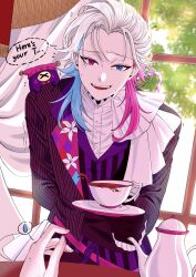 Rule 34 | 1boy, alternate costume, arm behind back, black gloves, blue eyes, blue hair, butler, coat, creature, creature on shoulder, cup, english text, eyelashes, floral print, forehead, gavis bettel, gloves, grey hair, heterochromia, highres, holostars, holostars english, indoors, jacket, lily print, looking at viewer, male focus, medium hair, multicolored coat, multicolored hair, nervous, nervous sweating, nostresstuna, on shoulder, open mouth, phantom (gavis bettel), pink eyes, pink hair, pov, pov hands, scarf, shaking, shirt, solo focus, speech bubble, spoken sweatdrop, standing, striped clothes, striped jacket, sweat, sweatdrop, teacup, teapot, upper body, valentine, vertical-striped clothes, vertical-striped jacket, white hair, white scarf, white shirt, window