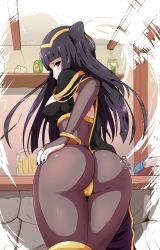 Rule 34 | 1girl, artist name, ass, beer mug, black eyes, black hair, black nails, bodysuit, book, bracelet, breasts, cape, circlet, covered erect nipples, covered mouth, cowboy shot, cup, female focus, fire emblem, fire emblem awakening, from behind, highres, jewelry, long hair, looking at viewer, looking back, matching hair/eyes, medium breasts, mug, nail polish, nintendo, obakeart, shelf, signature, solo, tharja (fire emblem), twintails