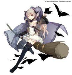 Rule 34 | 1girl, akinashi yuu, bare shoulders, bat (animal), black thighhighs, boots, breasts, broom, broom riding, brown hair, detached sleeves, dress, full body, gyakushuu no fantasica, hair ribbon, hood, long hair, open mouth, original, red eyes, ribbon, see-through, small breasts, smile, solo, thigh boots, thighhighs, white dress, witch
