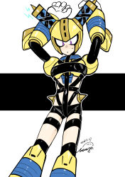 Rule 34 | 1boy, absurdres, android, armor, arms up, black background, bodysuit, breastplate, covered navel, electricity, feet out of frame, fuse, fuse man, gloves, helmet, highres, joints, latex, latex bodysuit, looking down, male focus, mega man (classic), mega man (series), mega man 11, parted lips, purple eyes, robot, robot joints, shoulder armor, simple background, solo, solo focus, standing, strap, strap gap, sweatdrop, vambraces, wenyu, white background, white gloves, yellow armor, yellow headwear