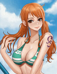 Rule 34 | 1girl, ahoge, arm tattoo, bikini, blue sky, breasts, brown eyes, closed mouth, cloud, day, green bikini, green nails, hand up, kyopink, large breasts, lips, long hair, nami (one piece), one piece, orange hair, outdoors, sky, smile, solo, swimsuit, tattoo, twintails, upper body, wet