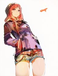 Rule 34 | 10s, 1girl, aircraft, airplane, beanie, buttons, double-breasted, hands in pockets, hat, jacket, key, looking afar, love live!, love live! school idol project, nishikino maki, red eyes, red hair, shorts, simple background, smile, so-bin, solo, white background