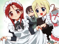 Rule 34 | 3girls, alternate costume, bad id, bad pixiv id, blonde hair, blue eyes, blush, bow, bowtie, brown hair, clothes hanger, clothes lift, dress, dress lift, enmaided, erica hartmann, frills, gertrud barkhorn, long hair, maid, maid headdress, minna-dietlinde wilcke, multiple girls, o o, open mouth, red eyes, red hair, short hair, smile, strike witches, tonbi, world witches series