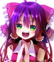 Rule 34 | &gt;:), &gt;:d, 1girl, :d, bare shoulders, blush, brown hair, colorized, derivative work, detached sleeves, fang, female focus, green eyes, hair tubes, hakurei reimu, heart, long hair, open mouth, own hands together, ryosios, simple background, smile, solo, touhou, v-shaped eyebrows, white background, yamasuta