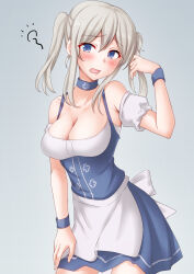 Rule 34 | 1girl, alternate costume, anti (untea9), apron, barmaid, blonde hair, blue eyes, blush, bodice, breasts, cleavage, corset, dirndl, dress, embarrassed, german clothes, graf zeppelin (kancolle), grey background, hair between eyes, highres, holding, kantai collection, large breasts, long hair, looking at viewer, oktoberfest, short hair, short sleeves, smile, solo, squeans, traditional clothes, twintails, waist apron, waitress