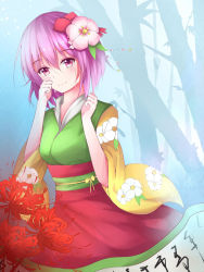 Rule 34 | 1girl, crying, crying with eyes open, floral print, flower, fog, hair flower, hair ornament, hieda no akyuu, japanese clothes, kimono, obi, pink eyes, purple hair, sash, scroll, short hair, short sleeves, smile, solo, spider lily, tears, touhou, toy (great toys), tree, wide sleeves, wiping tears