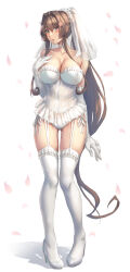 Rule 34 | 1girl, blush, breasts, bridal veil, brown hair, choker, cleavage, collarbone, commission, corset, dress, elbow gloves, full body, garter straps, gloves, hair intakes, high heels, highres, kantai collection, kokuzou, large breasts, long hair, looking at viewer, parted lips, pink eyes, ponytail, sidelocks, skeb commission, solo, thighhighs, veil, very long hair, wedding dress, white background, white corset, white footwear, yamato (kancolle)