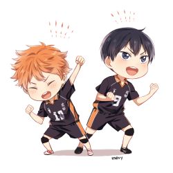 Rule 34 | 10s, 2boys, arm up, artist name, bad id, bad pixiv id, black eyes, black hair, blush, chibi, clenched hands, clothes writing, closed eyes, fist pump, haikyuu!!, hinata shouyou, kageyama tobio, knee pads, looking away, male focus, mery (yangmalgage), multiple boys, open mouth, orange hair, shadow, shoes, short hair, shorts, signature, smile, sneakers, sportswear, standing, tsurime, volleyball uniform, white background