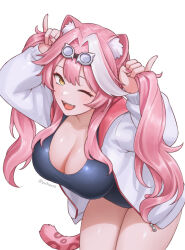 1girl adjusting_hair alternate_costume animal_ear_fluff animal_ears blue_one-piece_swimsuit blush breasts cleavage commentary english_commentary eyeshadow fangs fingernails goggles goggles_on_head hair_intakes highres hololive hololive_english hood hoodie large_breasts leaning_forward long_hair long_sleeves looking_at_viewer makeup multicolored_hair nail_polish one-piece_swimsuit one_eye_closed open_clothes open_hoodie open_mouth panther_ears panther_girl panther_tail pink_eyeshadow pink_hair pink_lips pink_nails pinky_out raora_panthera simple_background sleeves_past_wrists smile solo streaked_hair swimsuit tail teeth thighs tongue twintails twitter_username upper_teeth_only virtual_youtuber white_background white_hoodie yellow_eyes yubaest zipper_pull_tab