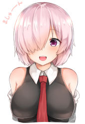 Rule 34 | 1girl, :d, bare shoulders, blush, breasts, collared dress, commentary request, dress, fate/grand order, fate (series), hair over one eye, large breasts, long hair, looking at viewer, mash kyrielight, necktie, noa yj, off shoulder, open mouth, pink hair, purple eyes, red necktie, simple background, sleeveless, sleeveless dress, smile, solo, teeth, translation request, upper teeth only, white background