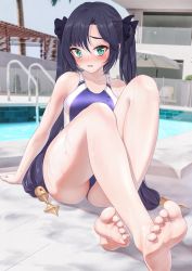 Rule 34 | 1girl, alternate costume, aqua eyes, arm support, ass, bae.c, bare arms, bare legs, bare shoulders, barefoot, black hair, blush, bow, breasts, competition swimsuit, foot focus, foreshortening, genshin impact, hair bow, highres, knees up, long hair, looking at viewer, medium breasts, mona (genshin impact), nose blush, one-piece swimsuit, open mouth, pool, purple one-piece swimsuit, sitting, solo, swimsuit, thighs, twintails, very long hair, wet