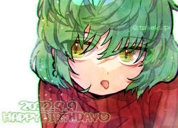 Rule 34 | 1girl, chromatic aberration, dated, doradorakingyo, green hair, happy birthday, heart, hikage (senran kagura), light particles, long sleeves, looking at viewer, red sweater, ribbed sweater, senran kagura, short hair, simple background, solo, sweater, tongue, tongue out, twitter username, upper body, white background, yellow eyes