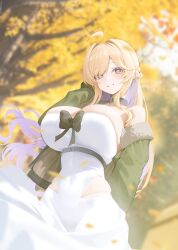 Rule 34 | + +, 1girl, ahoge, black choker, blonde hair, blurry, blurry background, blush, breasts, choker, covered navel, dress, floating hair, green jacket, hair intakes, half updo, highres, huge breasts, jacket, jacket partially removed, leather choker, looking at viewer, original, outdoors, smile, solo, strapless, strapless dress, white dress, xiujia yihuizi