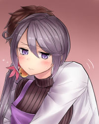 Rule 34 | 10s, 1boy, 1girl, admiral (kancolle), akebono (kancolle), alternate costume, apron, bell, blush, brown hair, commentary request, faceless, faceless male, flower, flying sweatdrops, hair bell, hair between eyes, hair flower, hair ornament, hetero, highres, hug, hug from behind, kantai collection, neit ni sei, purple eyes, purple hair, ribbed sweater, side ponytail, sweater, translation request, turtleneck, uniform