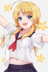 Rule 34 | 1girl, :d, ahoge, asymmetrical breasts, black sailor collar, black skirt, blonde hair, blue eyes, blush, breasts, commentary request, floral background, grey background, hachimiya meguru, hair ornament, highres, idolmaster, idolmaster shiny colors, long hair, minikon, navel, neckerchief, open mouth, outstretched arms, pleated skirt, red neckerchief, sailor collar, school uniform, serafuku, shirt, short sleeves, skirt, small breasts, smile, solo, star (symbol), star hair ornament, teeth, upper teeth only, very long hair, white shirt